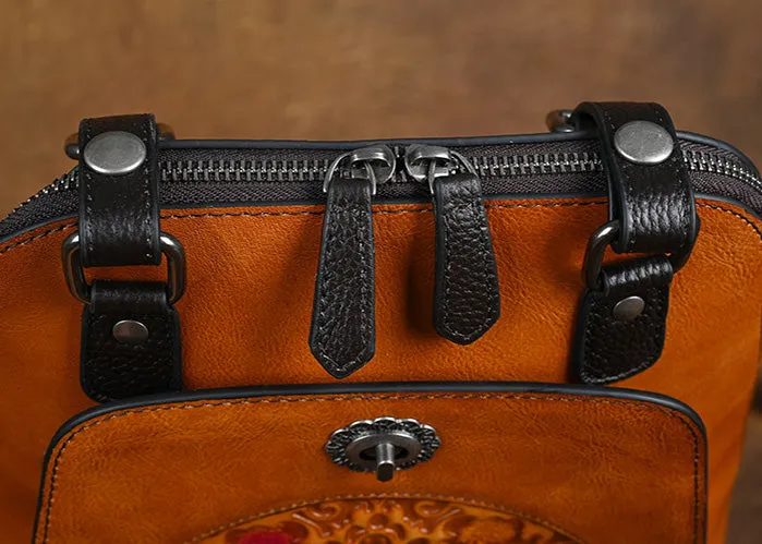 Embossed Pattern Women's Small Leather Backpack Purse Leather Rucksack