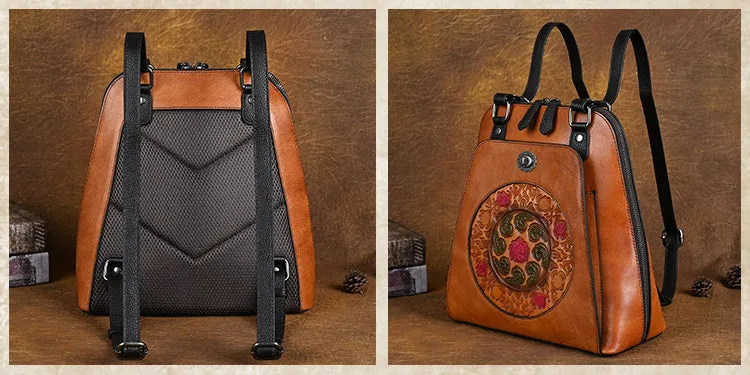 Embossed Pattern Women's Small Leather Backpack Purse Leather Rucksack