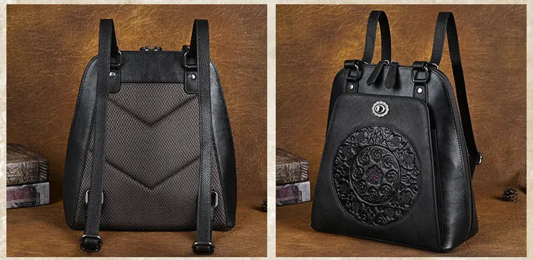 Embossed Pattern Women's Small Leather Backpack Purse Leather Rucksack