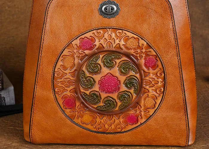 Embossed Pattern Women's Small Leather Backpack Purse Leather Rucksack