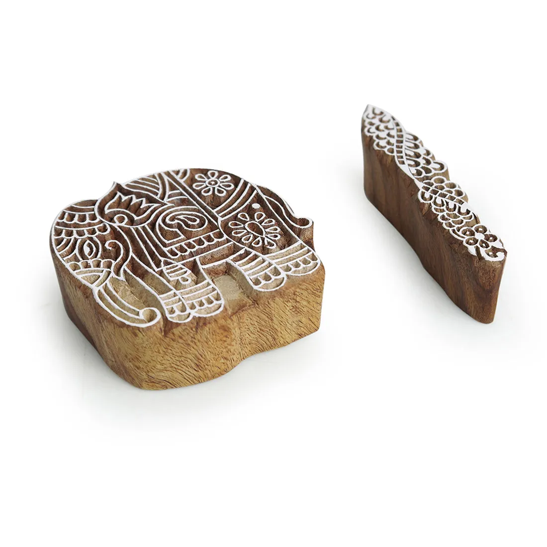 Enthralling Elephants & Finger' Hand-Carved Printing Blocks In Sheesham Wood (Set of 2)