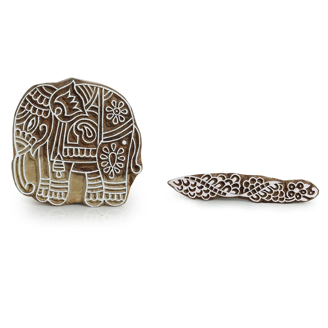 Enthralling Elephants & Finger' Hand-Carved Printing Blocks In Sheesham Wood (Set of 2)