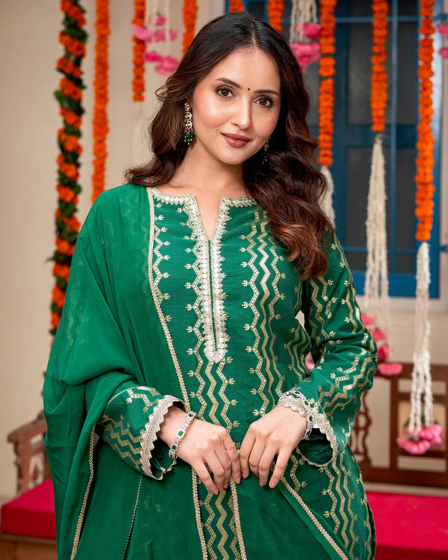 Green Self-Embroidered Suit Set