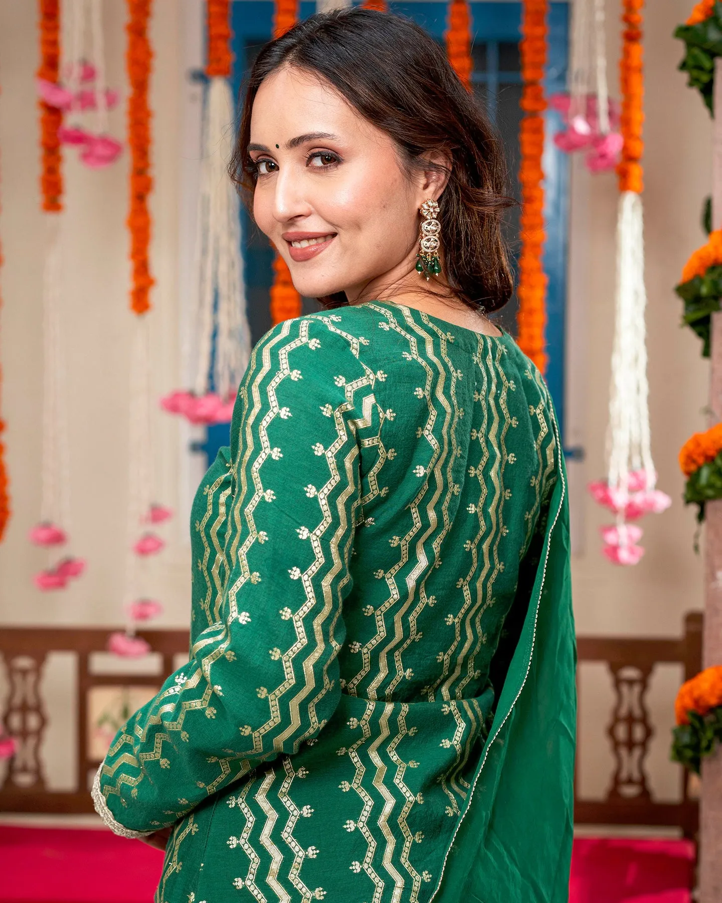 Green Self-Embroidered Suit Set