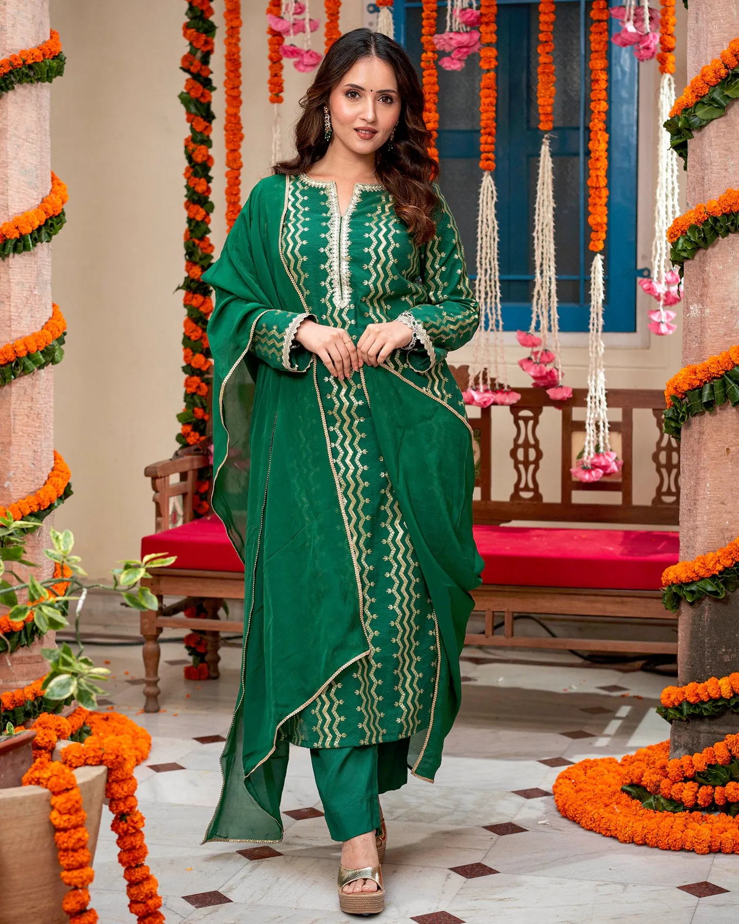 Green Self-Embroidered Suit Set