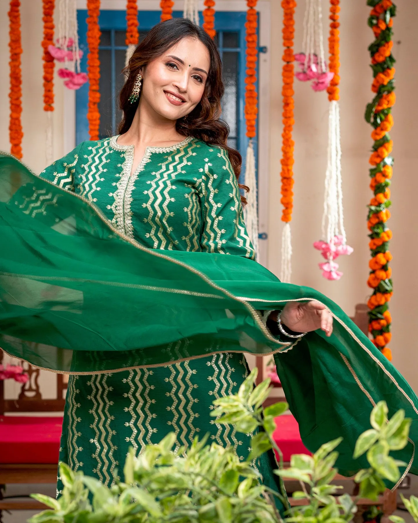 Green Self-Embroidered Suit Set