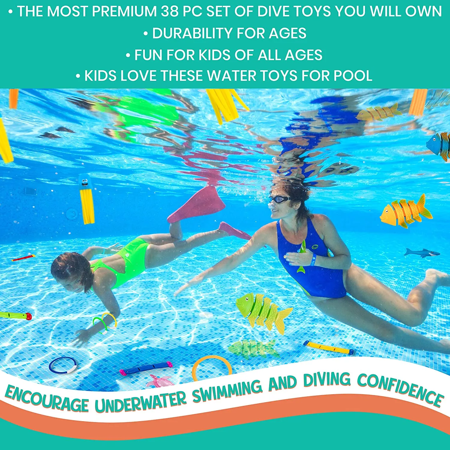 Ingeniuso Pool Diving Toys for Kids 38 PC Sinking Floating Diving Toys for Pool for Kids Encourage Underwater Swimming Lessons