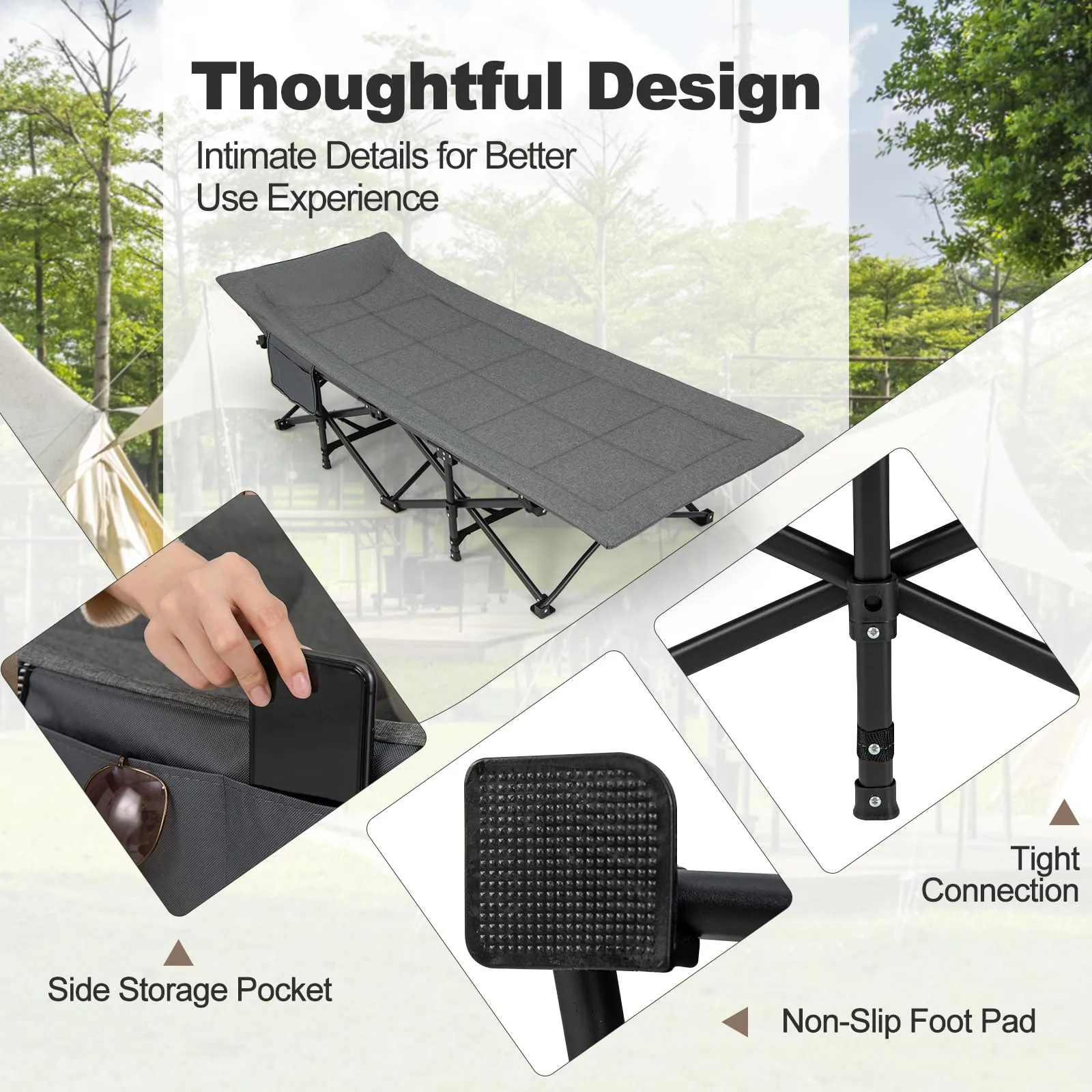 KOMFOTT Camping Cot for Adults, Portable Folding Bed for Sleeping with Pad & Pillow Lightweight Tent Cot with Carry Bag