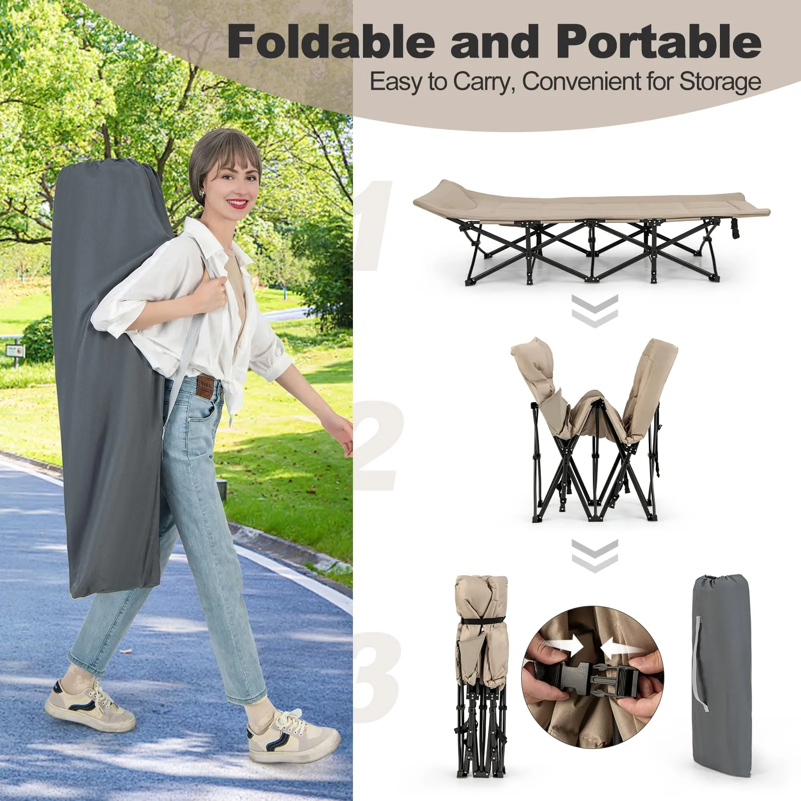 KOMFOTT Camping Cot for Adults, Portable Folding Bed for Sleeping with Pad & Pillow Lightweight Tent Cot with Carry Bag