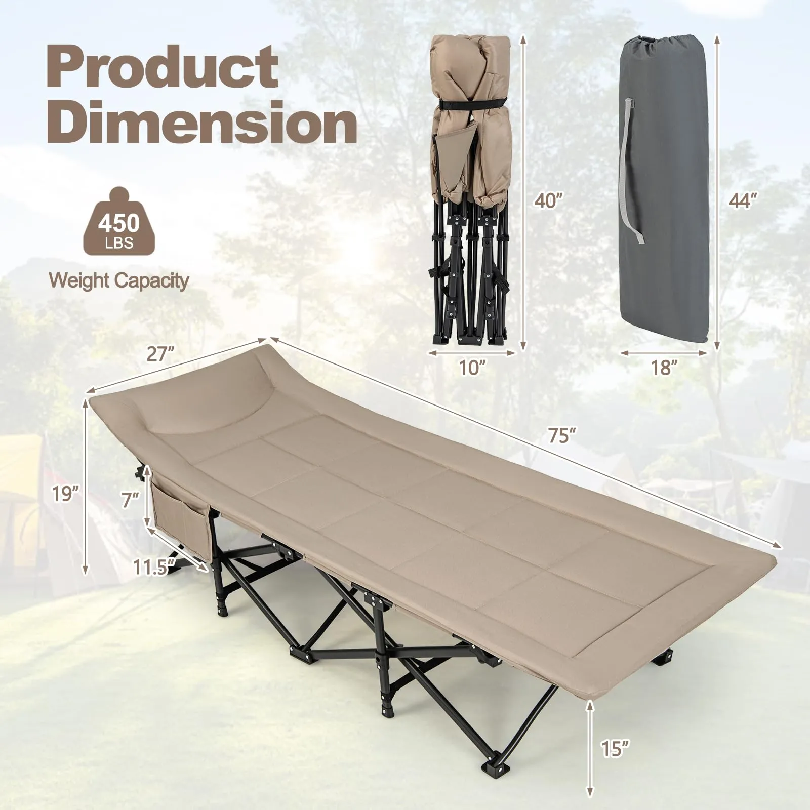 KOMFOTT Camping Cot for Adults, Portable Folding Bed for Sleeping with Pad & Pillow Lightweight Tent Cot with Carry Bag