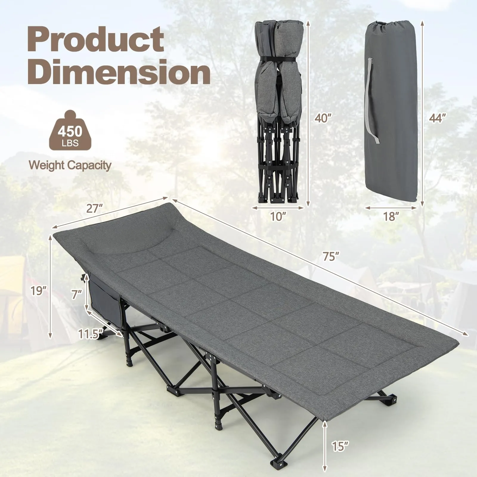 KOMFOTT Camping Cot for Adults, Portable Folding Bed for Sleeping with Pad & Pillow Lightweight Tent Cot with Carry Bag