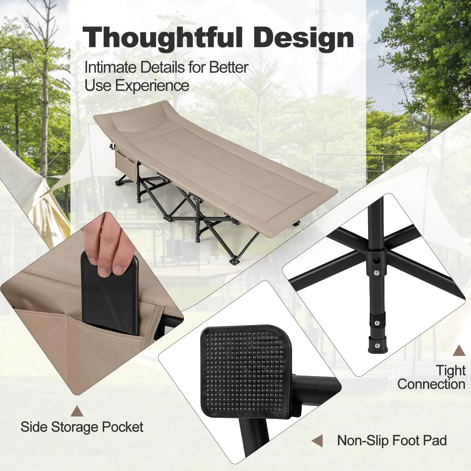 KOMFOTT Camping Cot for Adults, Portable Folding Bed for Sleeping with Pad & Pillow Lightweight Tent Cot with Carry Bag