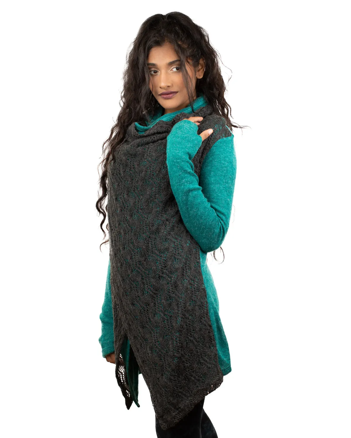 Lace Crochet Crossover Cardigan Turquoise/Grey