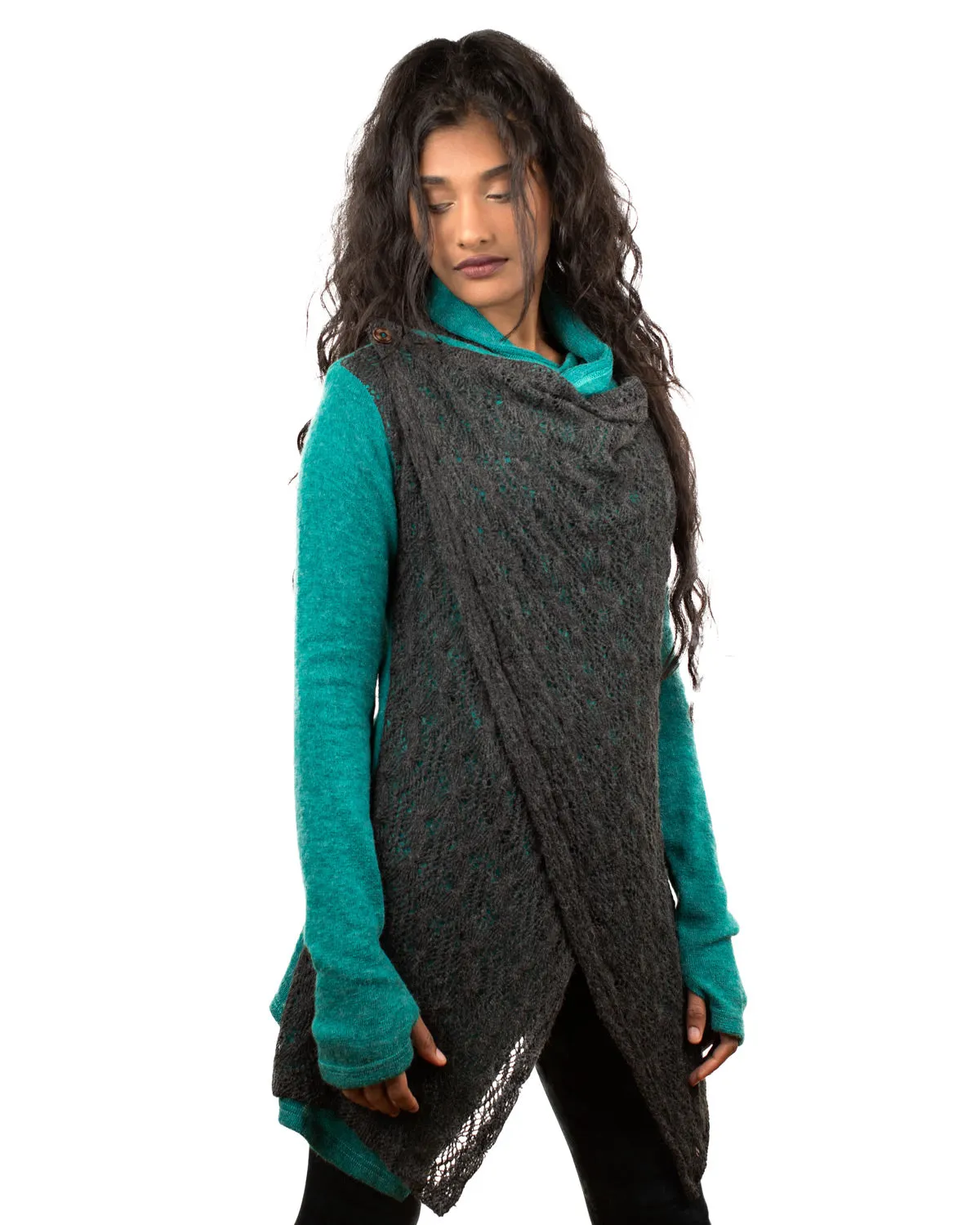 Lace Crochet Crossover Cardigan Turquoise/Grey