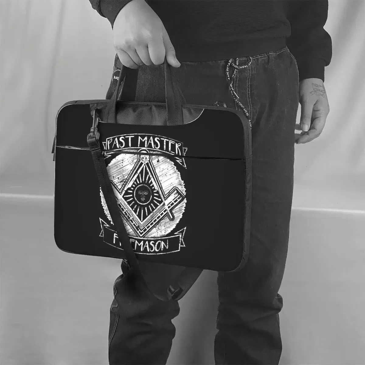 Past Master Blue Lodge Laptop Bag - Black & White Square and Compass Printed Design