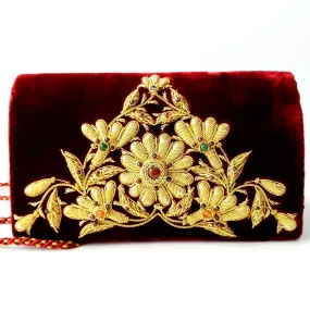 Red Claret Velvet Evening Bag with Goldwork