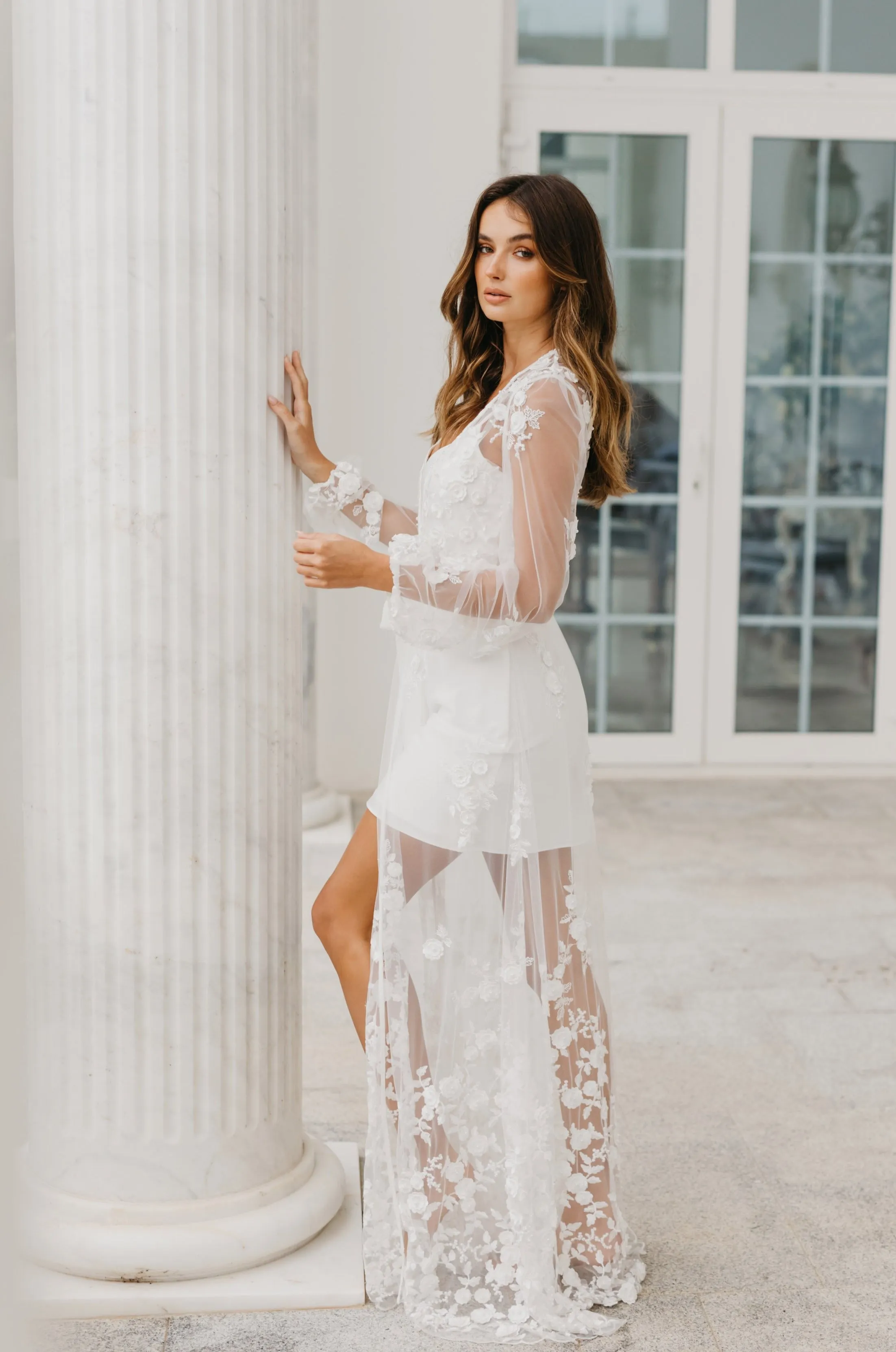 Steffanie Beaded Floral Lace Maxi Bridal Robe - Includes Slip