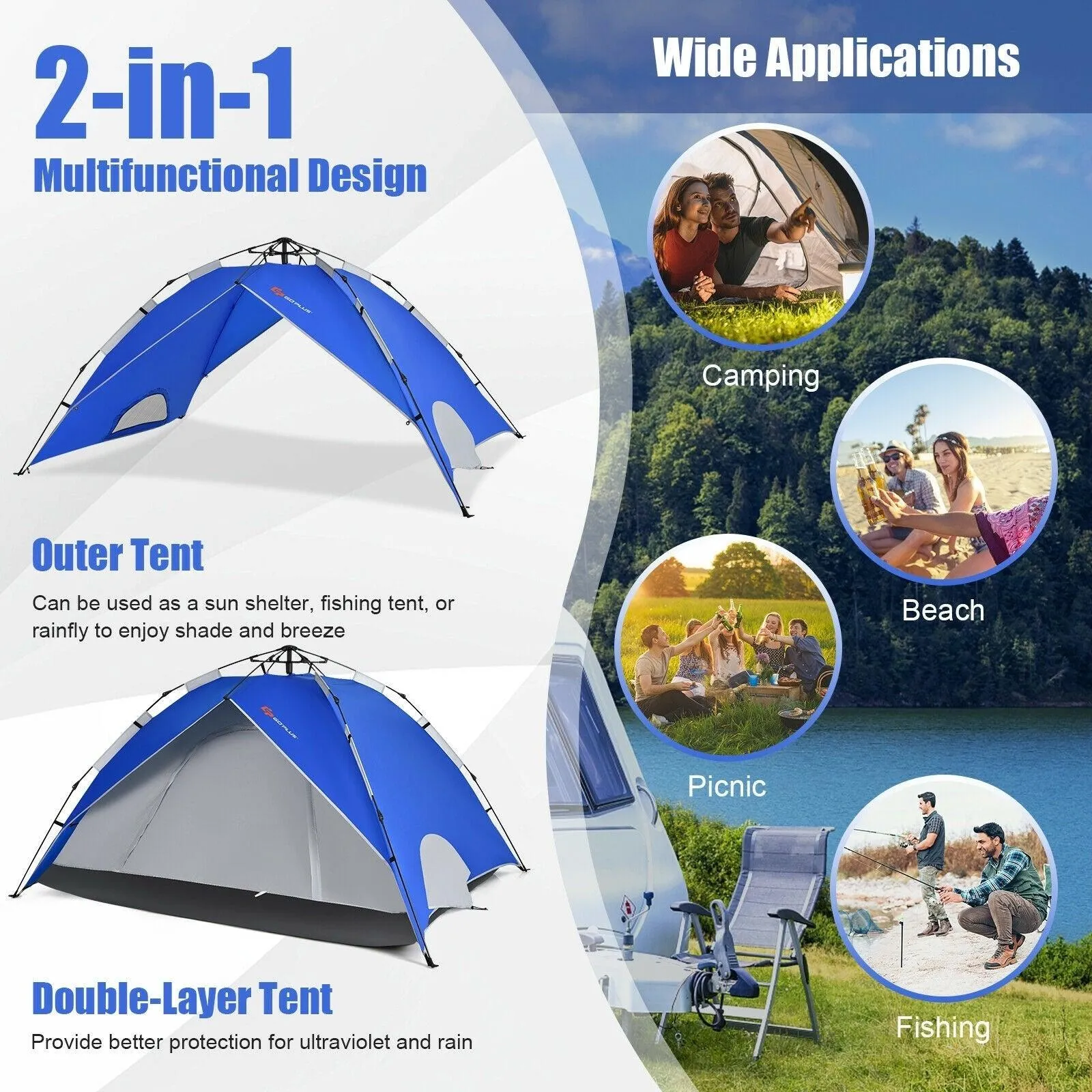 Waterproof Camping Tent GP11624，2-in-1 4 Person Instant Pop-up Tent