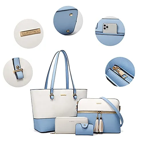 Women's Two-Tone Light Blue & Beige 4-Piece Tote Bag, Shoulder Handbag, Clutch Wallet & Card Holder Set  (9 colors)