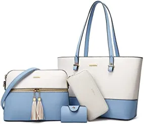 Women's Two-Tone Light Blue & Beige 4-Piece Tote Bag, Shoulder Handbag, Clutch Wallet & Card Holder Set  (9 colors)