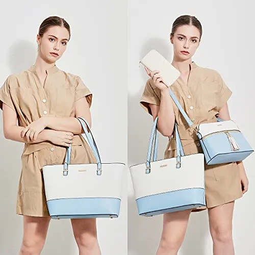 Women's Two-Tone Light Blue & Beige 4-Piece Tote Bag, Shoulder Handbag, Clutch Wallet & Card Holder Set  (9 colors)