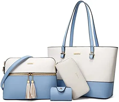 Women's Two-Tone Light Blue & Beige 4-Piece Tote Bag, Shoulder Handbag, Clutch Wallet & Card Holder Set  (9 colors)