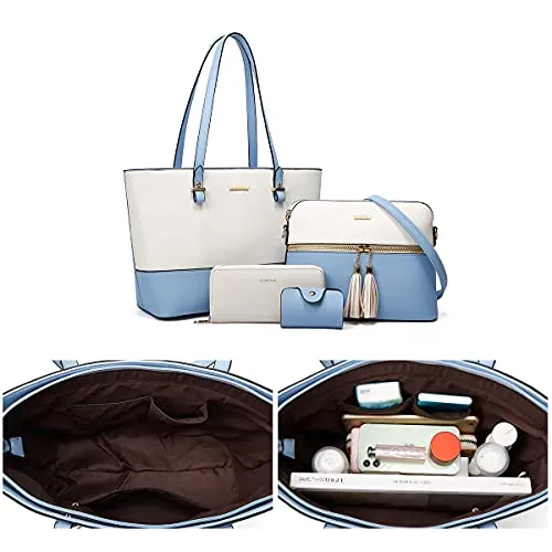 Women's Two-Tone Light Blue & Beige 4-Piece Tote Bag, Shoulder Handbag, Clutch Wallet & Card Holder Set  (9 colors)
