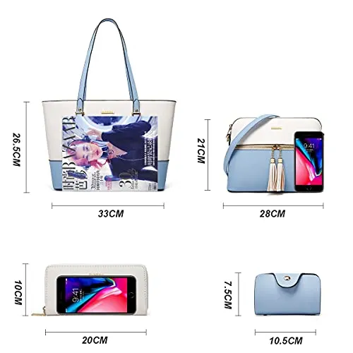 Women's Two-Tone Light Blue & Beige 4-Piece Tote Bag, Shoulder Handbag, Clutch Wallet & Card Holder Set  (9 colors)