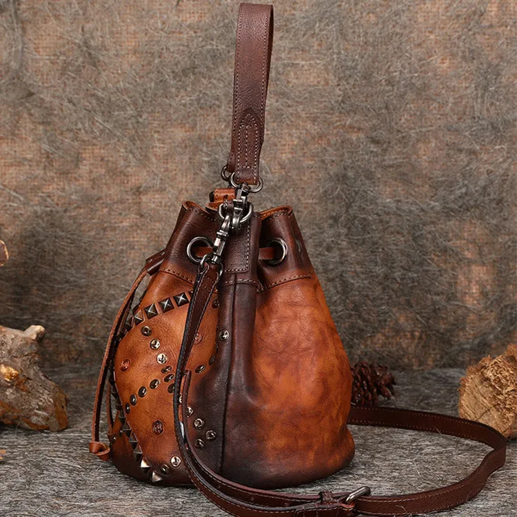 Womens Western Leather Drawstring Bucket Bag Shoulder Handbags For Women