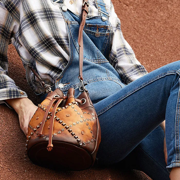 Womens Western Leather Drawstring Bucket Bag Shoulder Handbags For Women