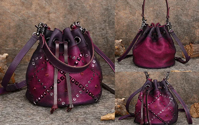 Womens Western Leather Drawstring Bucket Bag Shoulder Handbags For Women