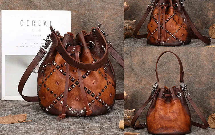 Womens Western Leather Drawstring Bucket Bag Shoulder Handbags For Women