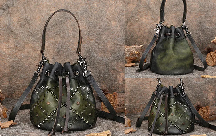 Womens Western Leather Drawstring Bucket Bag Shoulder Handbags For Women