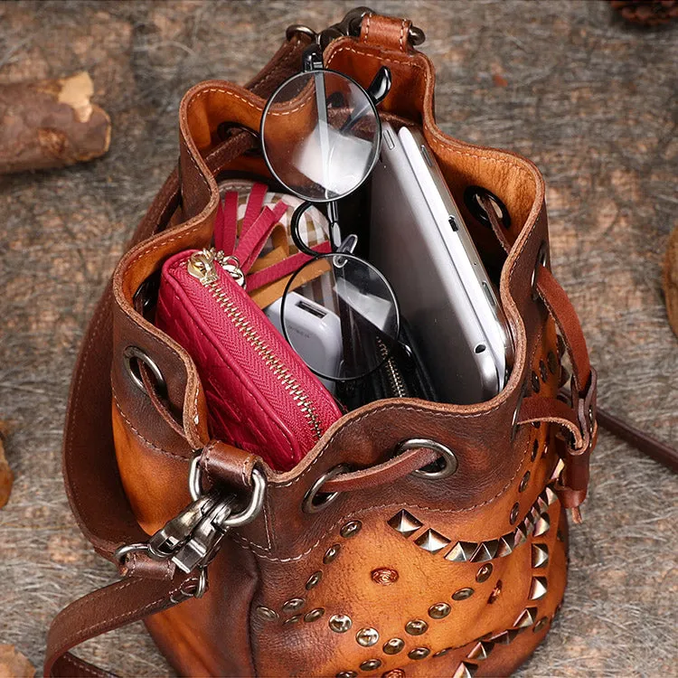 Womens Western Leather Drawstring Bucket Bag Shoulder Handbags For Women