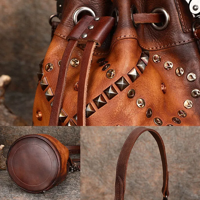 Womens Western Leather Drawstring Bucket Bag Shoulder Handbags For Women